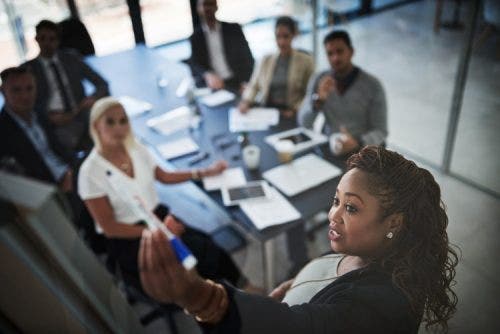A policy analyst uses a whiteboard to present a proposal to a group around a conference table.